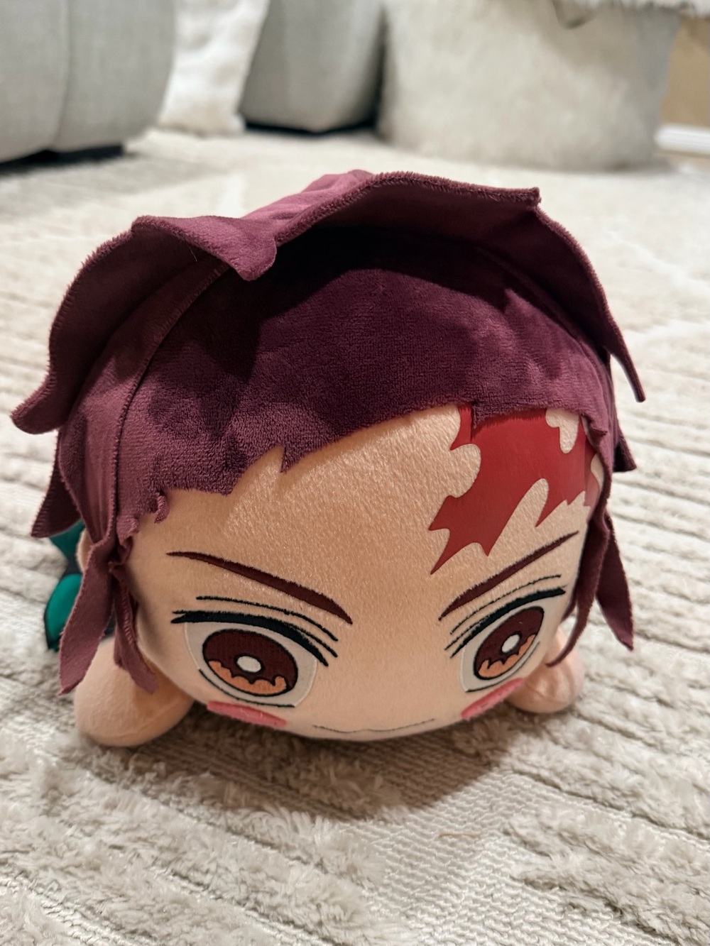 Plush Anime Tanjiro Character Pillow - Maroon Hair, Peach Face